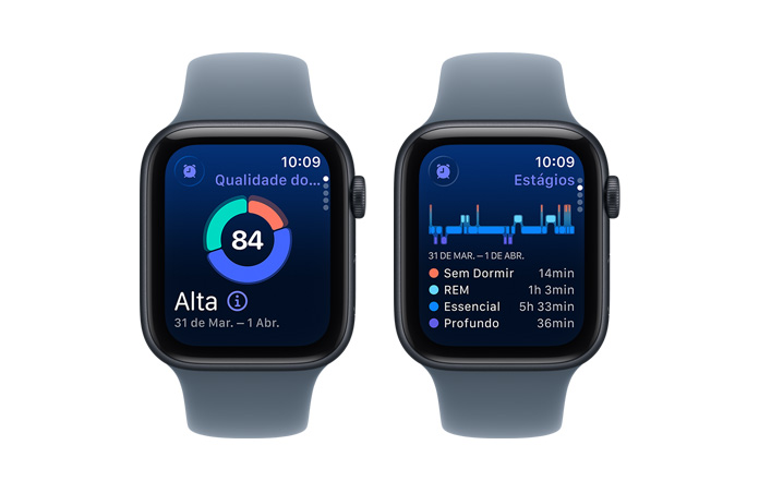 Apple Watch SE 3, Qualidade do Sono, gráfico circular e número da pontuação, análise dos estágios do sono: Sem Dormir, REM, Essencial e Profundo