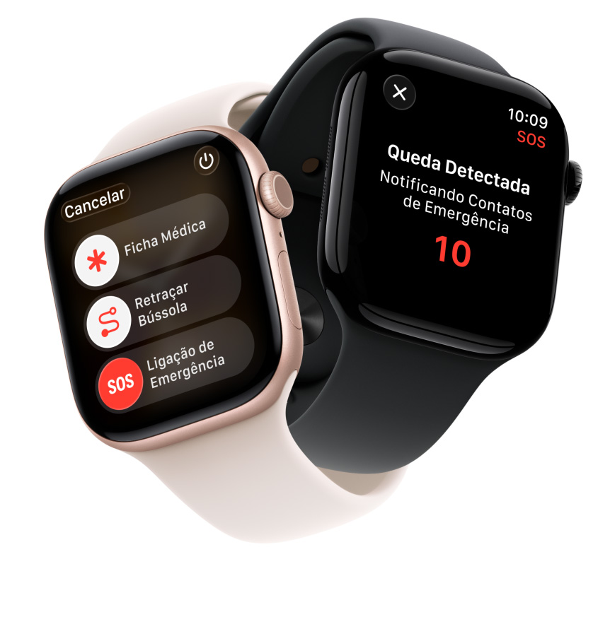 Tela do Apple Watch Series 11 mostrando recursos de segurança: Ficha Médica, Retraçar Bússola, Ligação de Emergência