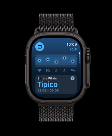 Apple Watch Ultra 3, black color, titanium case, Vitals app, chart scoring health, Overnight Vitals outliers notification, band, black Milanese Loop