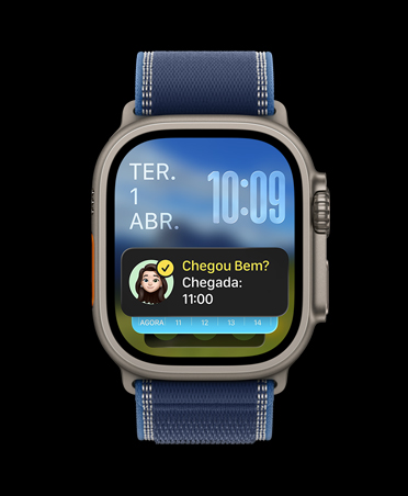 Apple Watch Ultra 3 com caixa preta de titânio, notificação do recurso Chegou Bem em um Conjunto Inteligente