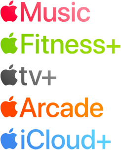 Uma lista de serviços Apple: Apple Music, Apple Fitness Plus, Apple TV Plus, Apple Arcade e Apple iCloud Plus