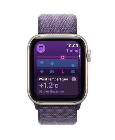 Apple Watch SE 3, aluminum case, starlight colour, Vitals app, health score chart, overnight vitals outliers notification, right side exterior, Digital Crown, Sport Loop, purple fog colour