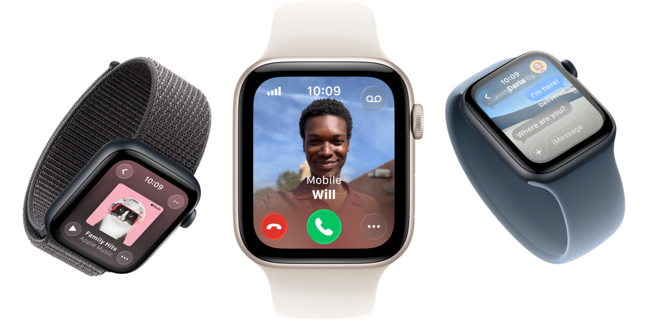 Apple Watch SE 3 devices, aluminum cases, starlight and midnight colours, Braided Solo Loop, turmeric colour, Solo Loop, neon yellow colour, Sport Loop, dark grey colour, screens: Apple Pay, Control Center, Apple Music