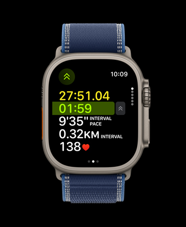 Apple Watch Ultra 3, natural colour, titanium case, advanced Outdoor Run workout metrics, band, Trail Loop, blue bright blue colour