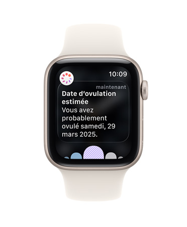 Apple Watch SE 3, boîtier en aluminium, comète, notification de l’estimation de la date d’ovulation par Suivi du cycle dans l’app Santé, Digital Crown, bracelet sport, comète