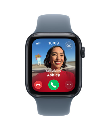 Apple Watch SE 3, boîtier en aluminium, minuit, appel entrant, photo de contact, boutons permettant d’accepter ou de refuser un appel, côté droit extérieur, Digital Crown, bracelet sport, brume violette