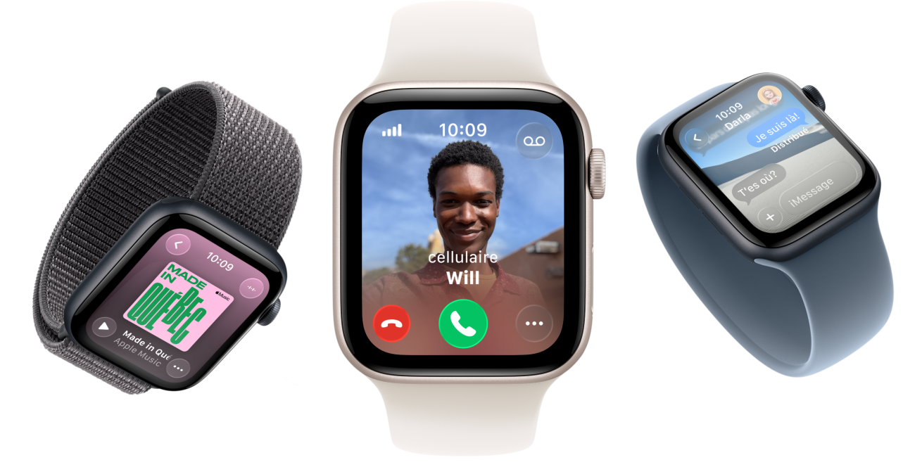 Plusieurs Apple Watch SE 3, boîtiers en aluminium, comète et minuit, bracelet sport à rabat, gris foncé, bracelet solo, rose tendre, bracelet solo, bleu nautique, écrans : app Musique, Apple Pay, appel entrant, Messages