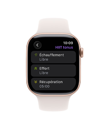 Apple Watch Series 11, or rose, boîtier en aluminium, app Exercice, tuile d’entrainement personnalisé, bracelet, sport rose tendre