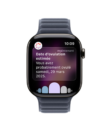 Apple Watch Series 11, naturel, boîtier en titane, notification de l’estimation de la date d’ovulation par Suivi du cycle dans l’app Santé, Digital Crown, bracelet, maillons, marine