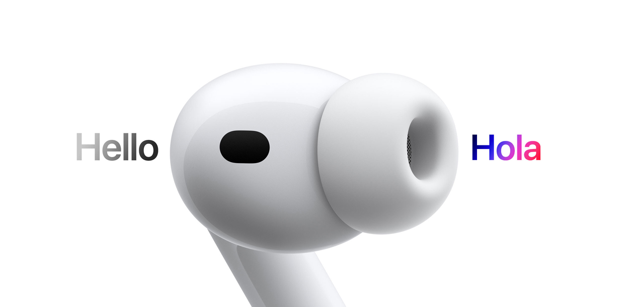 AirPods Pro 3, audífono con almohadilla de silicona, Traducción en Vivo cambia los caracteres en inglés que dicen "hello" a un texto en español que dice "hola"