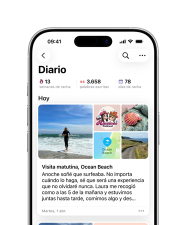 Entrada diaria abierta en la app Diario, fotos de un día de playa y texto sobre los sueños en un iPhone