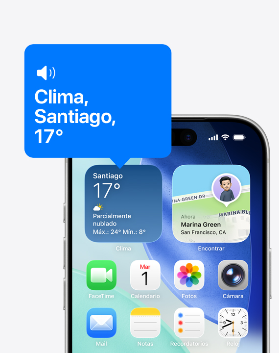 Pantalla de inicio de un iPhone, VoiceOver lee en voz alta el contenido del widget de la app Clima