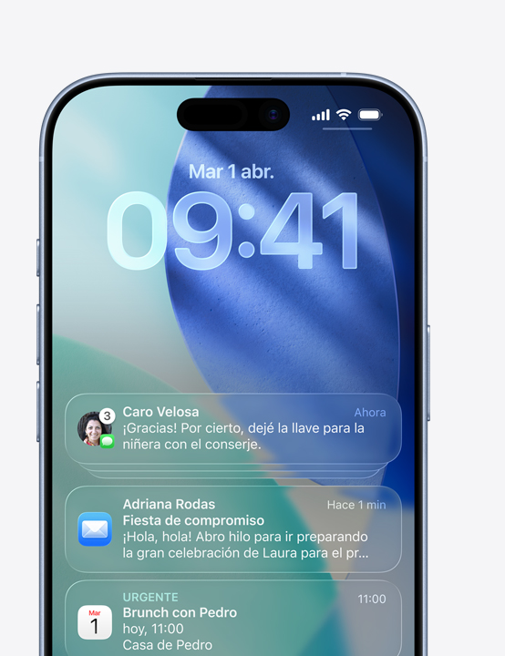 Pantalla de un iPhone que muestra una notificación de Mensajes, una notificación de Mail, una notificación de Calendario