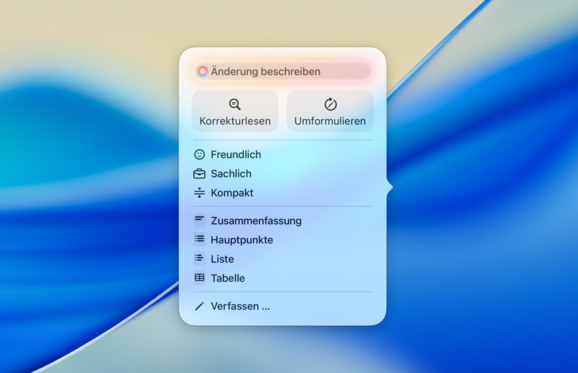Die Benutzeroberfläche der Schreibtools mit einem Textfeld zum Eingeben von Anfragen, Tasten zum Korrekturlesen und Umschreiben, verschiedenen Tonfällen für das Geschriebene und den Optionen für Zusammenfassen, Stichpunkte, Tabelle und Liste