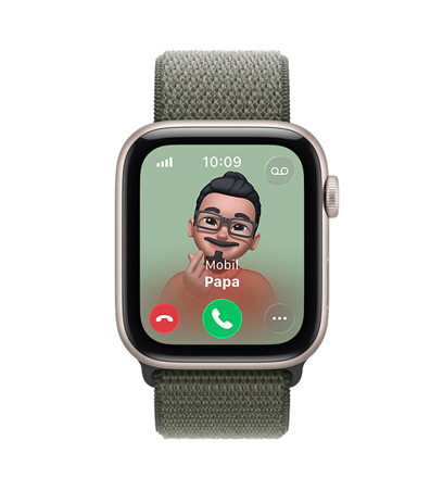 Apple Watch SE 3, Aluminiumgehäuse, Farbe Polarstern, eingehender Anruf von Papa, Memoji Kontaktbild, Tasten zum Annehmen und Ablehnen des Anrufs