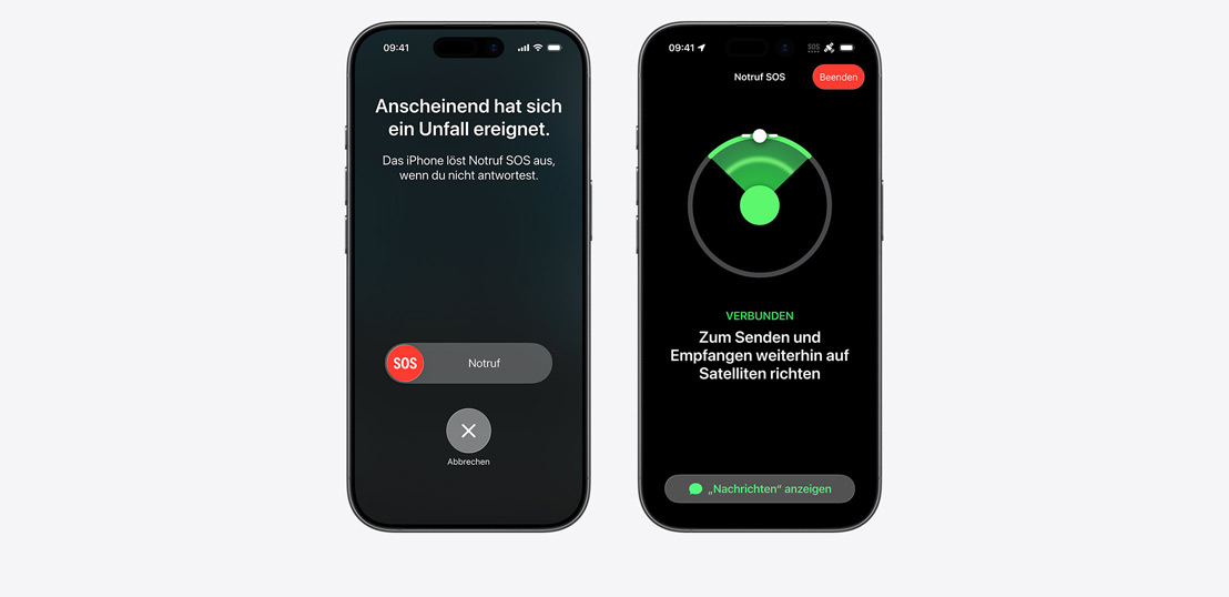 Side-by-side, iPhone screen showing Messages, Find My, Roadside Assistance widgets available via Satellite, iPhone screen showing Emergency SOS in use, iPhone screen showing Roadside Assistance in use