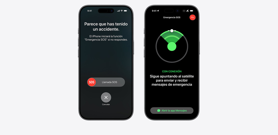Side-by-side, iPhone screen showing Messages, Find My, Roadside Assistance widgets available via Satellite, iPhone screen showing Emergency SOS in use, iPhone screen showing Roadside Assistance in use