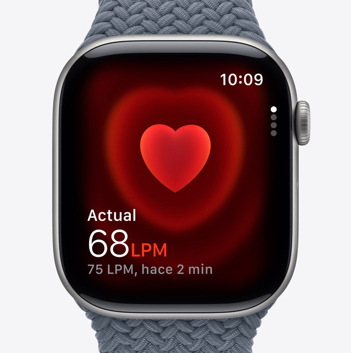 Apple Watch Series 11, caja de aluminio, color gris espacial, app Frecuencia Cardiaca, pulsaciones por minuto actuales