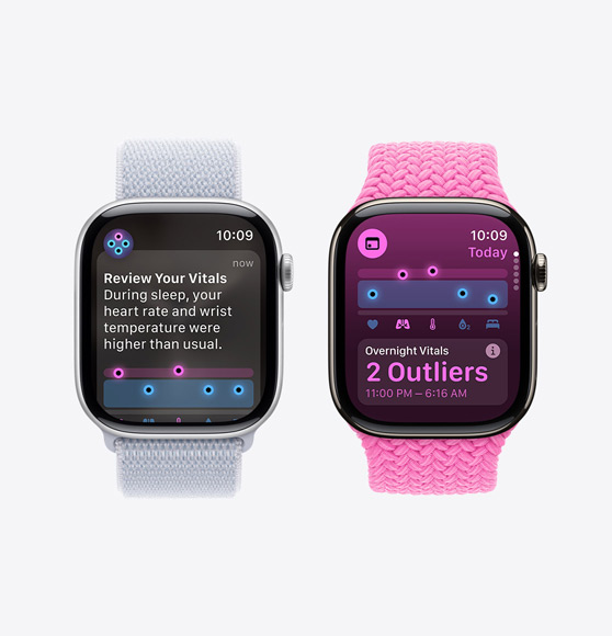 Notisen Granska dina vitalparametrar visas på en Apple Watch Series 10 och appen Vitalparametrar visar vitalparametrar över natten med två avvikelser på Apple Watch Series 10.