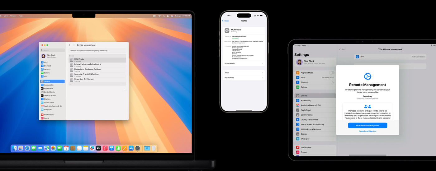 Un Mac y un iPad muestran la ventana de gestión remota. Un iPhone muestra los ajustes del perfil de MDM.