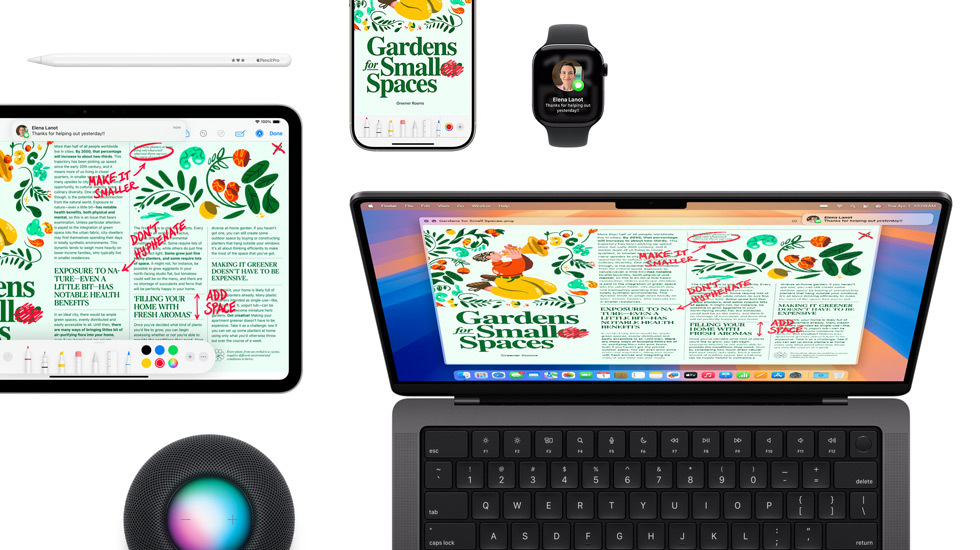 Un iPad, un iPhone, un Apple Watch y un Mac muestran el mismo contenido.