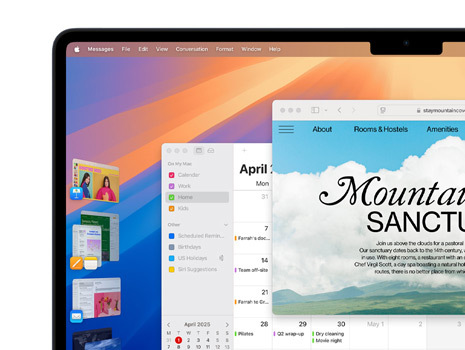 Una pantalla muestra varias ventanas y apps, entre las que se encuentran Keynote, Pages, Mail y un sitio web con contenido sobre un santuario para relajarse.