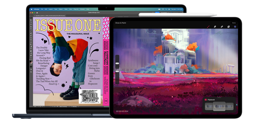 Apps de design mostradas num MacBook e num iPad, com um Apple Pencil Pro ao lado do iPad.