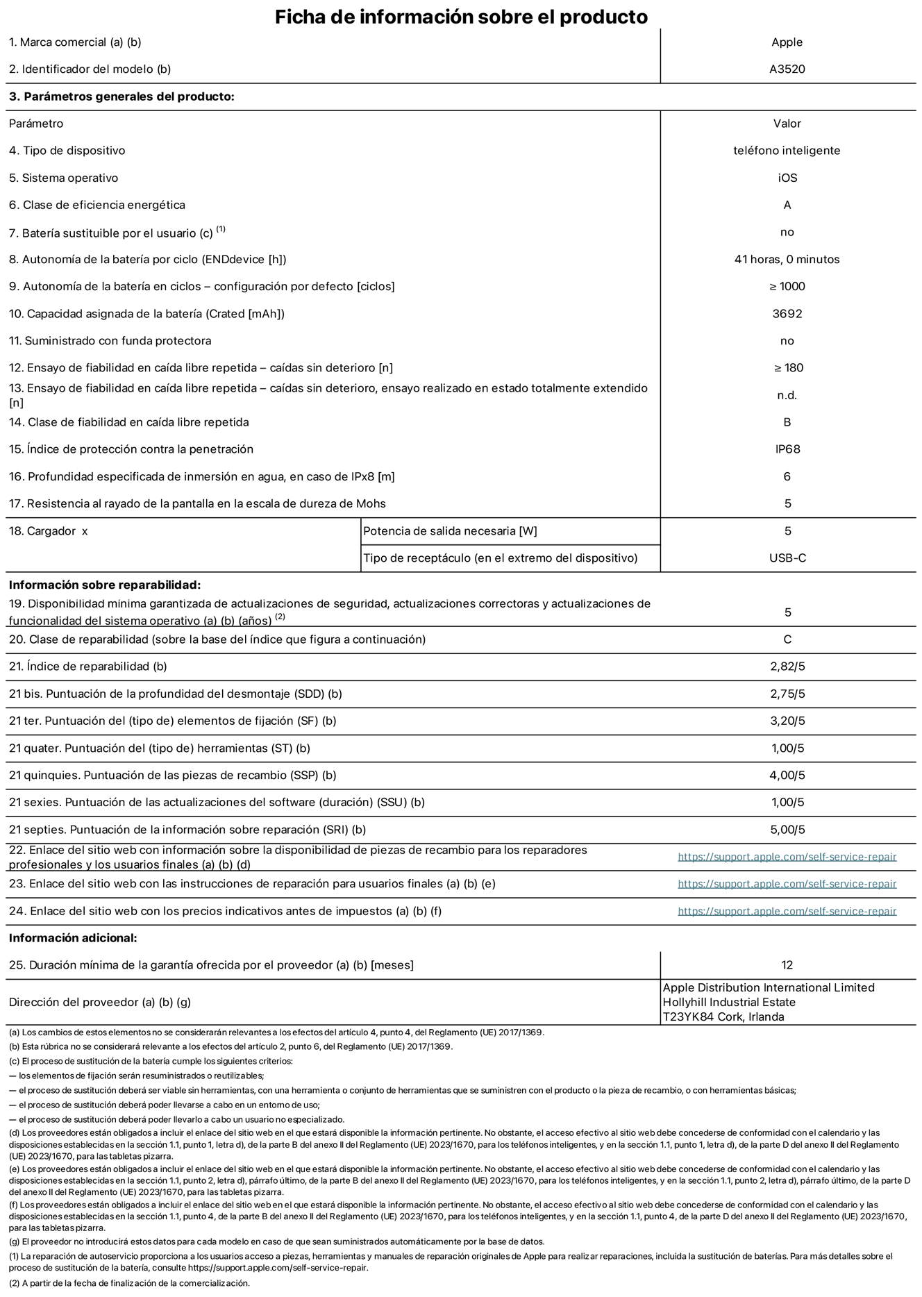 Ficha de información de producto del iPhone 17, modelo A3520. Suministrado por Apple Distribution International Limited con sede en Hollyhill Industrial Estate, T23 YK84 Cork (Irlanda). Tipo de dispositivo: Teléfono inteligente. Sistema operativo: iOS. Clase de eficiencia energética: A. Batería sustituible por el usuario: No. Autonomía de la batería por ciclo: 41 horas. Autonomía de la batería en ciclos (configuración por defecto): ≥ 1.000. Capacidad asignada de la batería: 3.692 mAh. Suministrado con funda protectora: No. Caídas sin deterioro en ensayo de fiabilidad en caída libre repetida: ≥ 180. Caídas sin deterioro en ensayo de fiabilidad en caída libre repetida realizado en estado totalmente extendido: No aplicable. Clase de fiabilidad en caída libre repetida: B. Índice de protección contra la penetración: IP68. Profundidad especificada de inmersión en agua, en caso de iPx8 (metros): 6. Resistencia al rayado de la pantalla en la escala de dureza de Mohs: 5. Potencia de salida necesaria del cargador: 5 W. Tipo de receptáculo del cargador (en el extremo del dispositivo): USB‑C. Disponibilidad mínima garantizada de actualizaciones de seguridad, correctoras y de funcionalidad del sistema operativo: 5 años. Clase de reparabilidad: C. Índice de reparabilidad: 2,82/5. Puntuación de la profundidad del desmontaje (SDD): 2,75/5. Puntuación de los elementos de fijación: 3,20/5. Puntuación de las herramientas: 1/5. Puntuación de las piezas de recambio: 4/5. Puntuación de las actualizaciones de software: 1/5. Puntuación de la información sobre reparación: 5/5. Enlace del sitio web con información sobre la disponibilidad de piezas de recambio para reparadores profesionales y usuarios finales: https://support.apple.com/es-es/self-service-repair. Enlace del sitio web con las instrucciones de reparación para usuarios finales: https://support.apple.com/es-es/self-service-repair. Enlace del sitio web con los precios indicativos antes de impuestos: https://support.apple.com/es-es/self-service-repair. Se ofrece una garantía general de 12 meses.