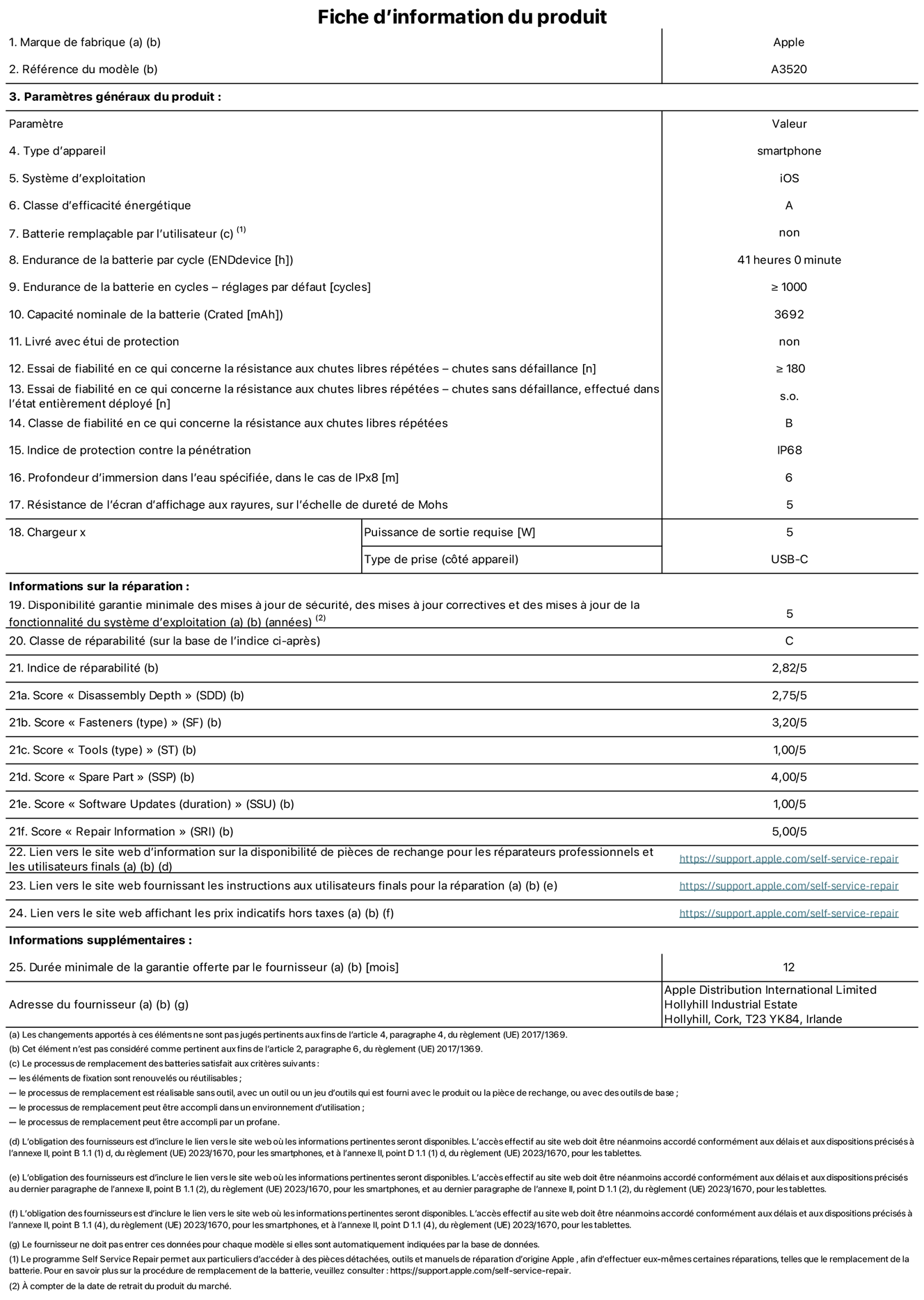 Fiche d’informations produit de l’iPhone 17, modèle A3520. Fournie par Apple Distribution International Limited, Hollyhill Industrial Estate. Cork, T23 YK84, Irlande. Type d’appareil : smartphone. Système d’exploitation : iOS. Classe d’efficacité énergétique : A. Batterie remplaçable par l’utilisateur : non. Endurance de la batterie par cycle : 41 heures. Endurance de la batterie en cycles – réglages par défaut : supérieure ou égale à 1 000. Capacité nominale de la batterie : 3 692 mAh. Livré avec étui de protection : non. Essai de fiabilité en ce qui concerne la résistance aux chutes libres répétées – chutes sans défaillance : supérieur ou égal à 180. Essai de fiabilité en ce qui concerne la résistance aux chutes libres répétées – chutes sans défaillance, effectué dans l’état entièrement déployé : non applicable. Classe de fiabilité en ce qui concerne la résistance aux chutes libres répétées : B. Indice de protection contre la pénétration : IP68. Profondeur d’immersion dans l’eau spécifiée, dans le cas de l’IPx8 : 6 mètres. Résistance de l’écran d’affichage aux rayures, sur l’échelle de dureté de Mohs : 5. Puissance de sortie requise du chargeur : 5 W. Type de prise (côté appareil) : USB‑C. Disponibilité garantie minimale des mises à jour de sécurité, des mises à jour correctives et des mises à jour de la fonctionnalité du système d’exploitation : 5 ans. Classe de réparabilité : C. Indice de réparabilité : 2,82/5. Score pour la profondeur de désassemblage (SDD) : 2,75/5. Score pour les éléments de fixation : 3,20/5. Score pour les outils : 1,00/5. Score pour les pièces de rechange : 4,00/5. Score pour la mise à jour des logiciels : 1,00/5. Score pour les informations concernant la réparation : 5,00/5. Lien vers le site web d’information sur la disponibilité des pièces de rechange pour les réparateurs professionnels et les utilisateurs finals : https://support.apple.com/fr-fr/self-service-repair. Lien vers le site web fournissant les instructions aux utilisateurs finals pour la réparation : https://support.apple.com/fr-fr/self-service-repair. Lien vers le site web affichant les prix indicatifs hors taxes : https://support.apple.com/fr-fr/self-service-repair. Garantie générale de 12 mois offerte.
