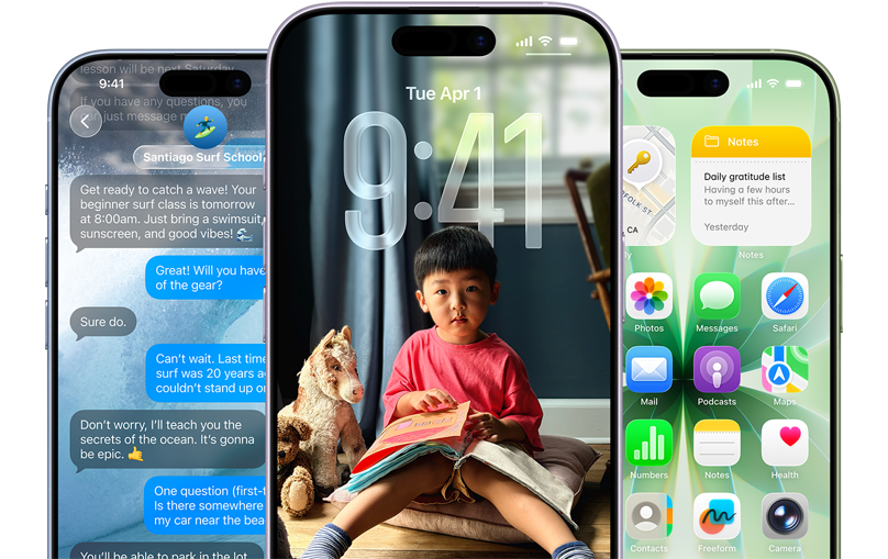 iPhone 17 ‑laitteet, etunäkymä, värit: kuura, laventeli, salvia, iOS-ominaisuudet - Viestit-appi taustakuvineen, Liquid Glass ‑ulkoasu, jolla lukittu näyttö, ja Koti-valikko, jossa useita appeja