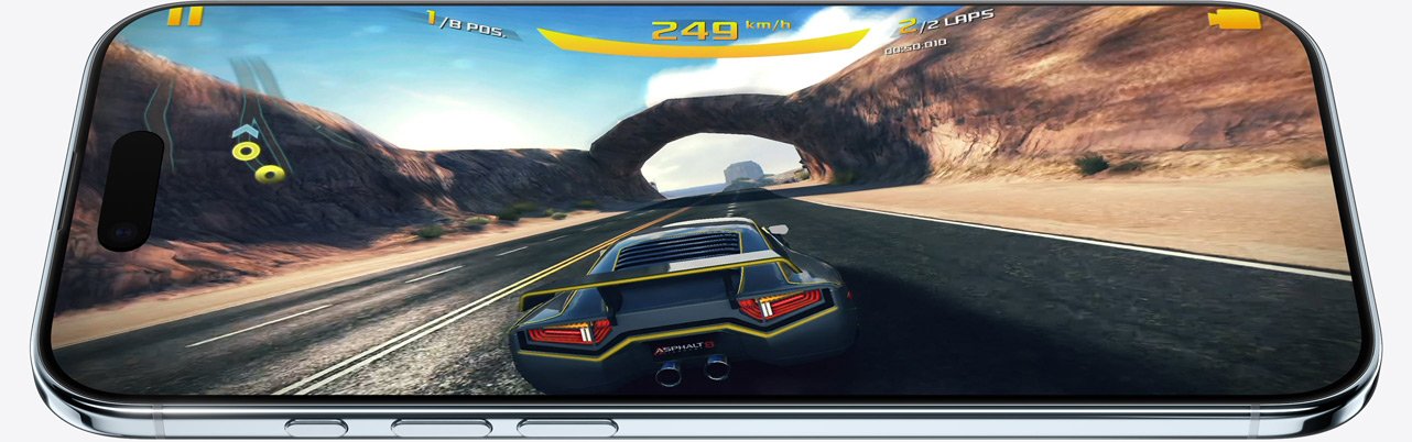 iPhone Air, face avant, côté, montrant une image statique d’un jeu, boutons : Action, réglage du volume