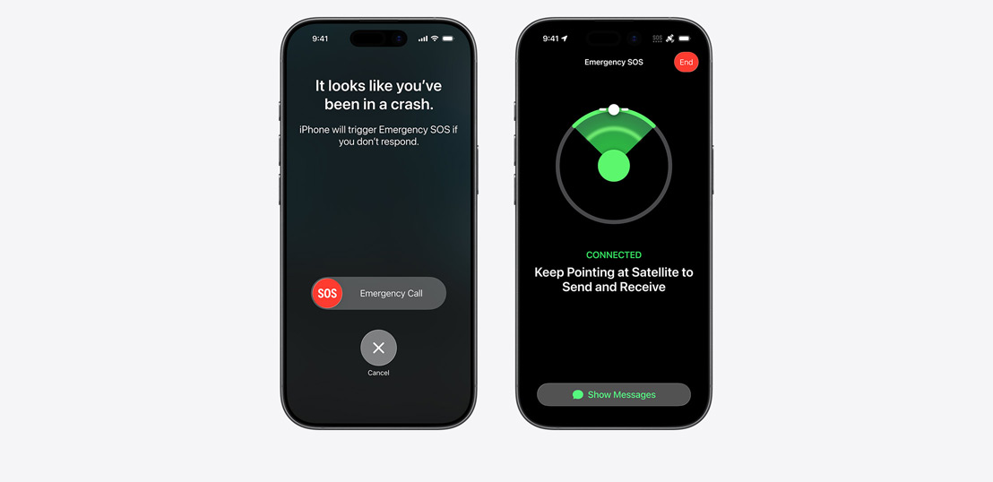 Side-by-side, iPhone screen showing Messages, Find My, Roadside Assistance widgets available via Satellite, iPhone screen showing Emergency SOS in use, iPhone screen showing Roadside Assistance in use