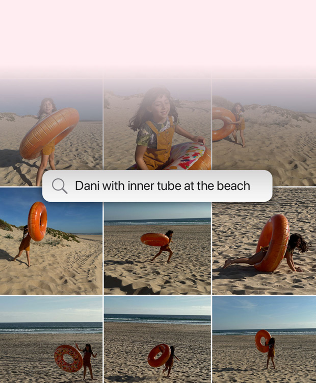 Feature Demonstration: Suchen in natürlicher Sprache in Fotos. Suchanfrage in der Fotos App mit den Ergebnissen für den Satz: «Katie mit Stickern auf dem Gesicht»