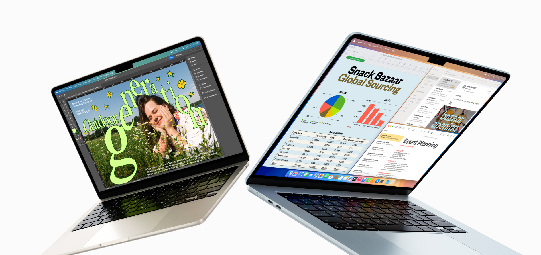 MacBook Air 13 pouces et 15 pouces partiellement ouverts — l’un des écrans montre une tâche de design en cours, l’autre montre le mode multitâche avec l’utilisation de la messagerie et de feuilles de calcul