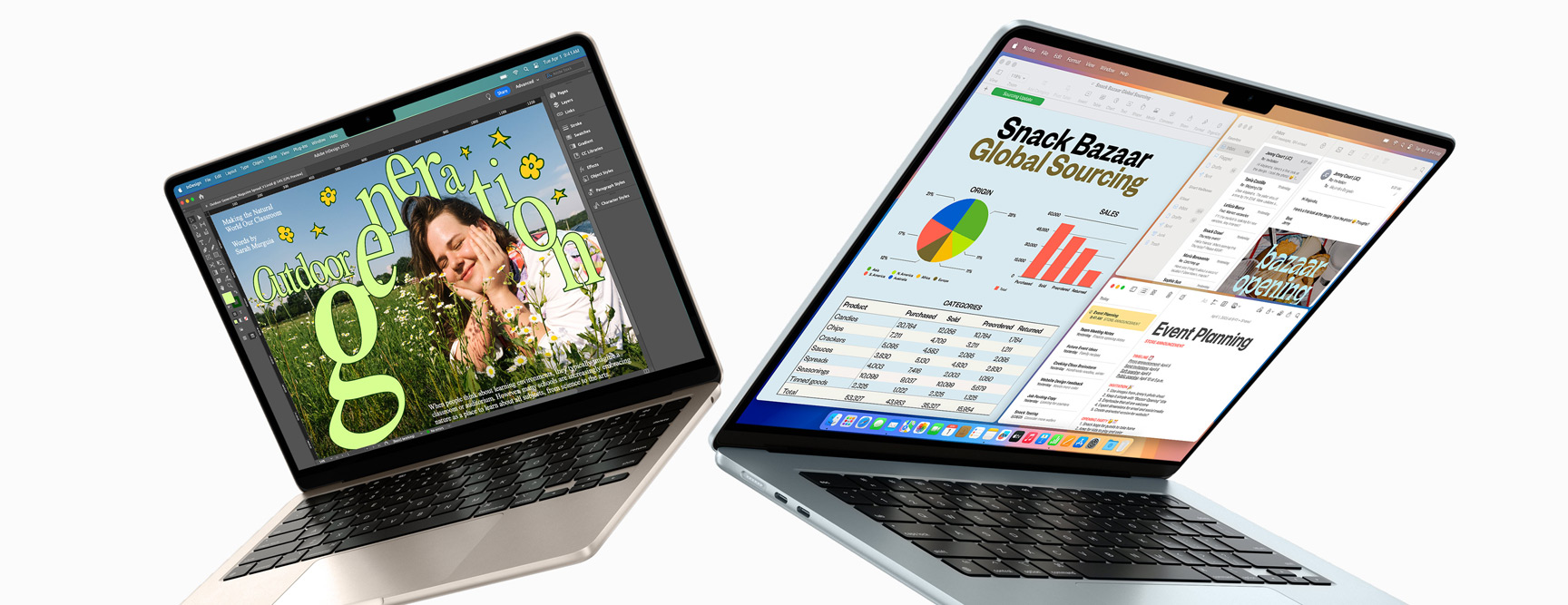 MacBook Air 13 pouces et 15 pouces partiellement ouverts — l’un des écrans montre une tâche de design en cours, l’autre montre le mode multitâche avec l’utilisation de la messagerie et de feuilles de calcul