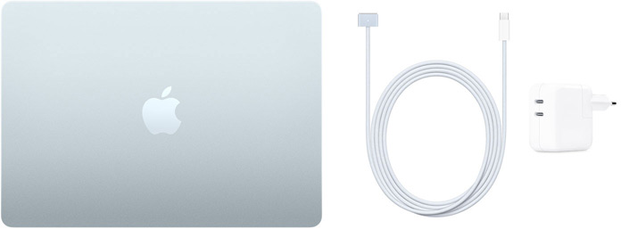 Imagen de un MacBook Air de 13 pulgadas, el cable de USB-C a MagSafe 3 y el adaptador de corriente USB-C de 30 W