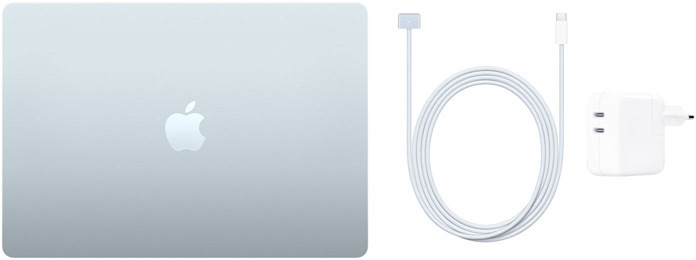 Imagen de un MacBook Air de 15 pulgadas, el cable de USB-C a MagSafe 3 y el adaptador de corriente compacto con dos puertos USB-C de 35 W