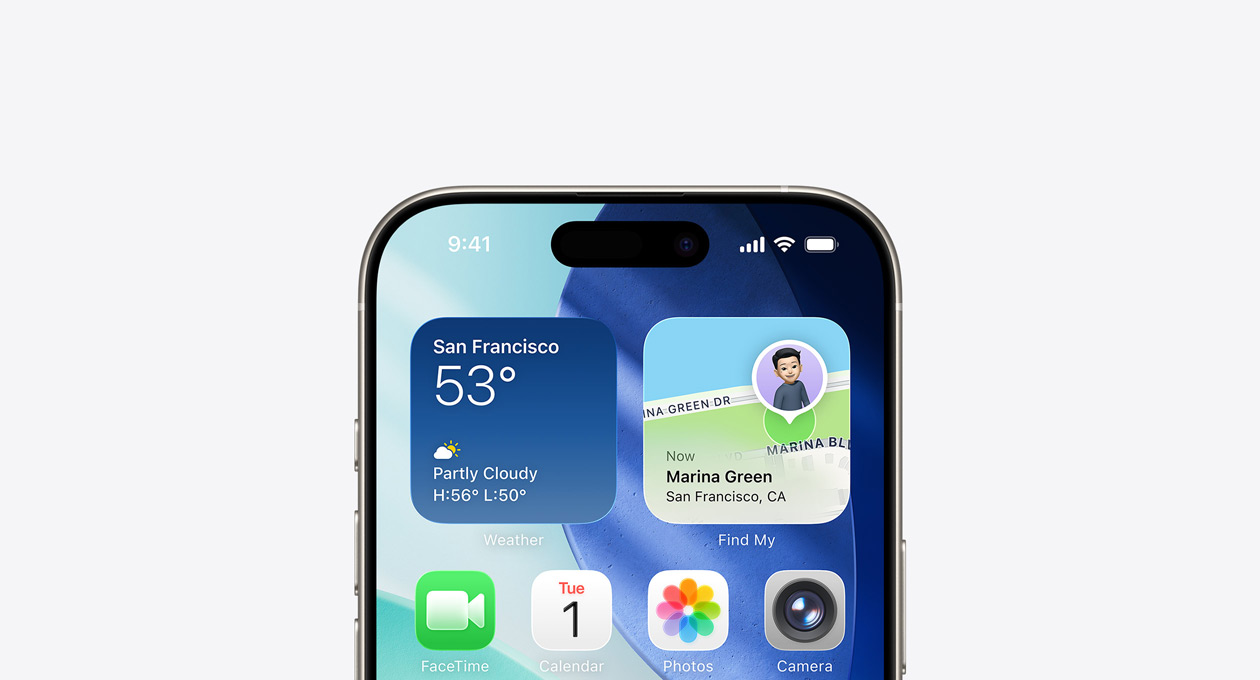 iPhone, näytön yläosassa näkyvässä Koti-valikossa on Sää- ja Etsi-widgetit ylärivillä