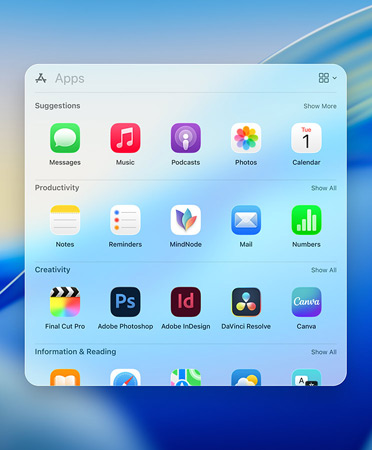El menú de navegación de Spotlight muestra las apps por categorías: Sugerencias, Productividad, Creatividad, Información y Lectura