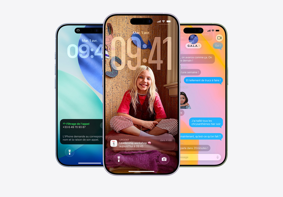 iPhone affichant une fenêtre contextuelle de la fonctionnalité Filtrage des appels, iPhone affichant des fenêtres contextuelles des apps Mail et Messages grâce au design Liquid Glass, iPhone affichant un fil de discussion dans Messages avec un arrière-plan Liquid Glass