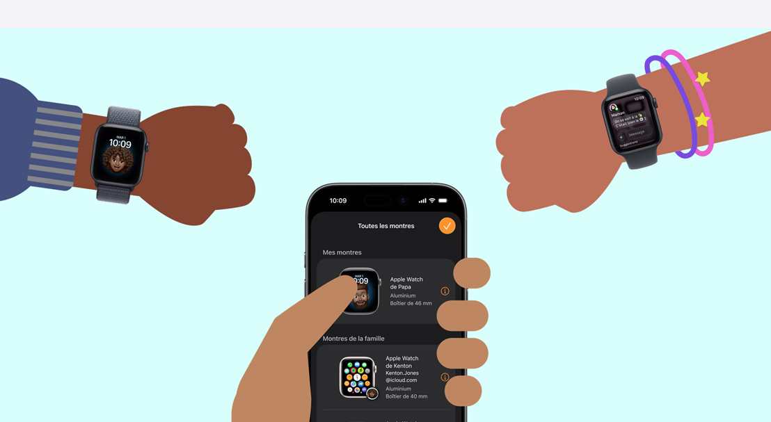Illustration de deux poignets d’enfants portant une Apple Watch SE 3 et d’une main d’adulte tenant un iPhone 17.