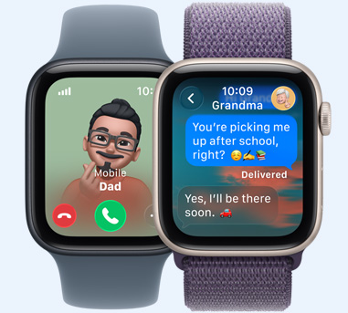 兩隻 Apple Watch SE 3 裝置，一個螢幕展示爸爸的來電，一個螢幕展示嫲嫲傳送的訊息