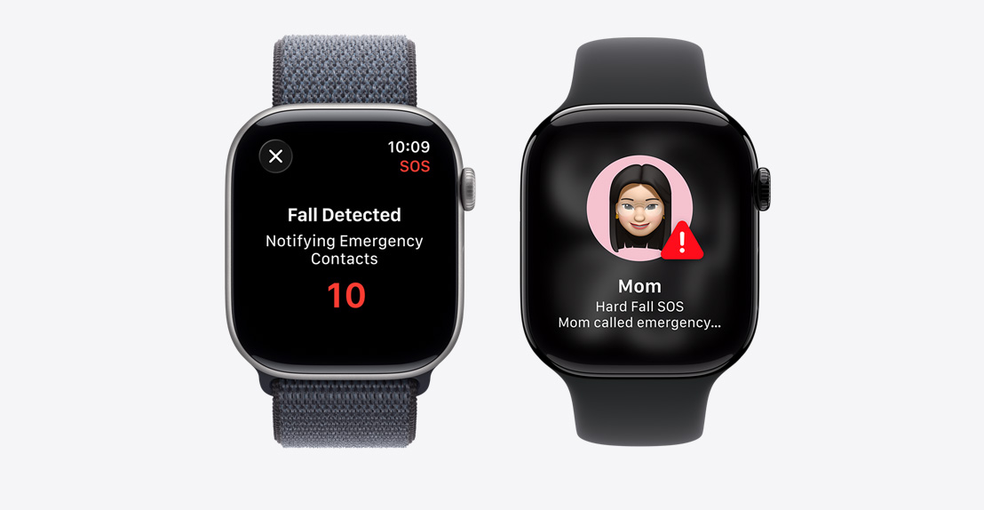 Apple Watch Series 11, Crash Detection notification, Emergency Call button, second notification reads: Mom took a hard fall and has called emergency services