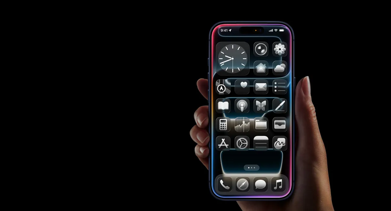 一隻手拿著 iPhone 17 Pro，主畫面邊緣發出彩色光芒