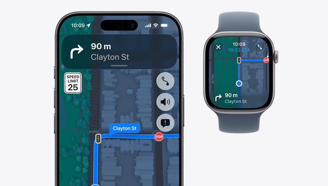 iPhone 17 及 Apple Watch Series 11，兩部裝置的螢幕皆展示地圖 app 的逐步導航路線