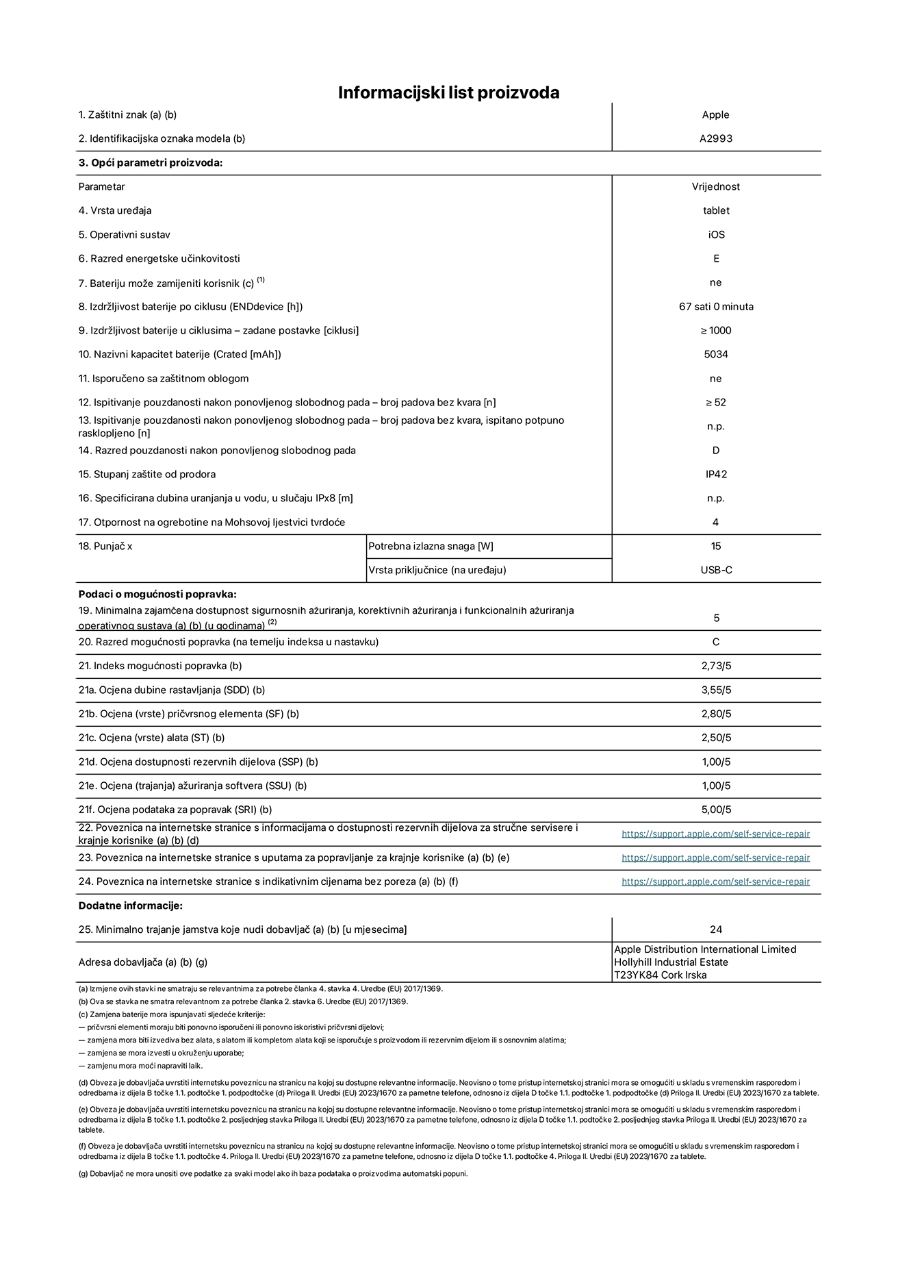 List s informacijama o proizvodu za iPad mini Wi-Fi, model A2993. Isporučuje Apple Distribution International Ltd, Hollyhill Industrial Estate. Cork, Irska T23 YK84. Vrsta uređaja: tablet. Operacijski sustav: iOS. Klasa energetske učinkovitosti: E. Baterija koju može zamijeniti korisnik: ne. Trajanje baterije: 67 sati. Trajanje baterije u ciklusima: veće ili jednako 1000. Nazivni kapacitet baterije: 5034 mAh. Test pouzdanosti ponavljanim slobodnim padovima – padovi bez kvarova: veće ili jednako 52. Klasa pouzdanosti pri ponavljanim slobodnim padovima: D. Ocjena zaštite od prodiranja: IP42. Otpornost na grebanje zaslona na Mohsovoj ljestvici tvrdoće: 4. Potrebna izlazna snaga punjača: 15 W. Tip utičnice punjača: USB-C. Minimalna zajamčena dostupnost sigurnosnih ažuriranja operacijskog sustava, korektivnih ažuriranja i ažuriranja funkcionalnosti: 5 godina. Klasa popravljivosti: C. Indeks popravljivosti: 2,73/5. Ocjena dubine rastavljanja: 3,55/5. Ocjena pričvrsnih elemenata: 2,80/5. Ocjena alata: 2,50/5. Ocjena rezervnih dijelova: 1,00/5. Ocjena ažuriranja softvera: 1,00/5. Ocjena informacija o popravcima: 5,00/5. Internetska poveznica prema informacijama o dostupnosti rezervnih dijelova za profesionalne servisere i krajnje korisnike: https://support.apple.com/self-service-repair. Internetska poveznica prema uputama za popravljanje za krajnje korisnike: https://support.apple.com/self-service-repair. Internetska poveznica prema indikativnim cijenama prije poreza: https://support.apple.com/self-service-repair. Ponuđeno je 24-mjesečno općenito jamstvo.