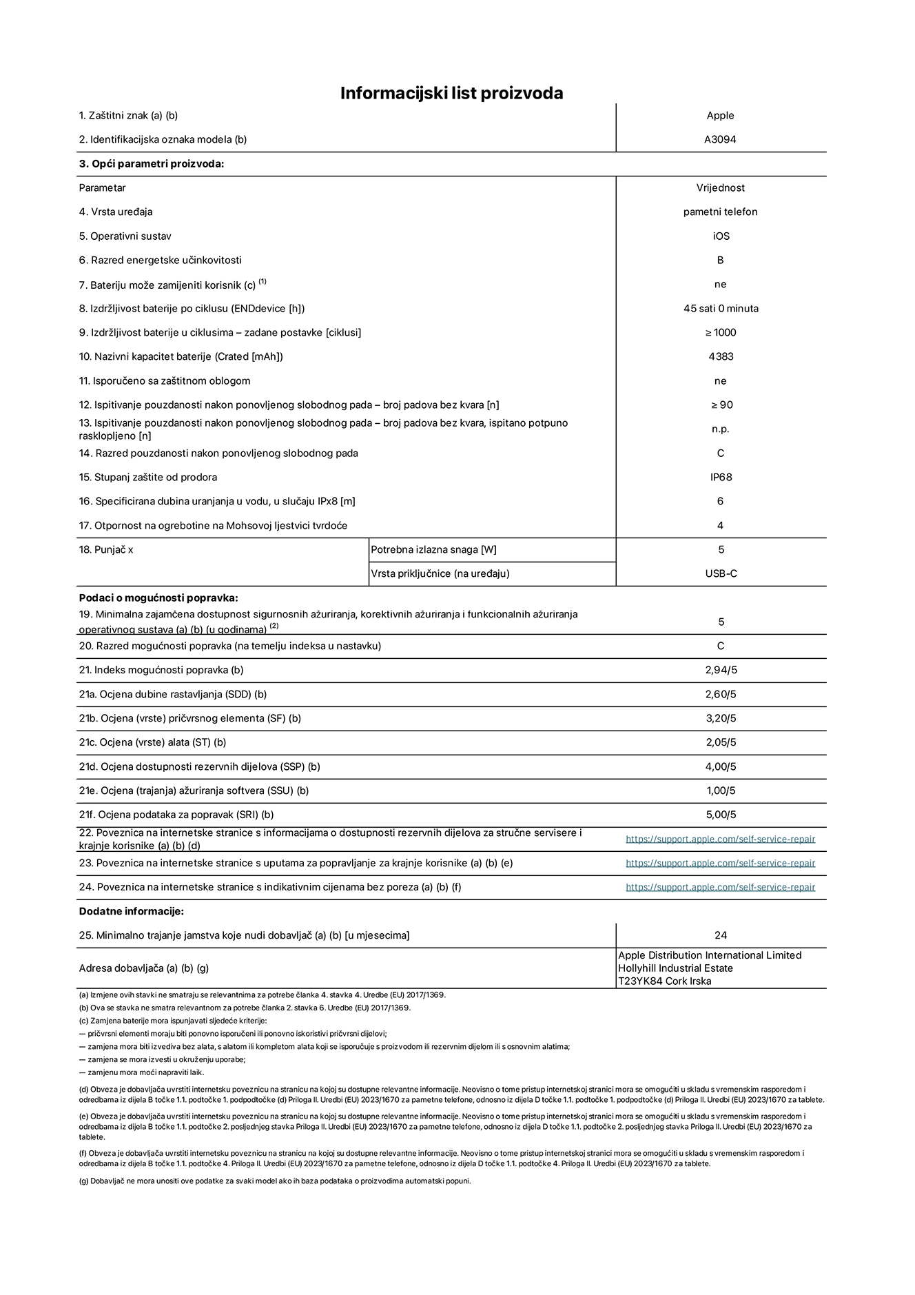 List s informacijama o proizvodu za iPhone 15 plus, model A3094. Isporučuje Apple Distribution International Limited, Hollyhill Industrial Estate. Cork, Irska T23 YK84. Vrsta uređaja: pametni telefon. Operacijski sustav: iOS. Klasa energetske učinkovitosti: B. Baterija koju može zamijeniti korisnik: ne. Trajanje baterije po ciklusu: 45 sati. Trajanje baterije u ciklusima – zadane postavke: ≥ 1000. Nazivni kapacitet baterije: 4383 mAh. Isporučeno sa zaštitnom maskom: ne. Ponovljeni test pouzdanosti slobodnim padanjem – padovi bez kvarova: ≥ 90. Ponovljeni test pouzdanosti slobodnim padanjem – padovi bez kvarova testirani u potpuno proširenom stanju: nije primjenjivo. Ponovljeni slobodni pad u klasi pouzdanosti: C. Ocjena zaštite od prodiranja: IP68. Specificirana dubina uranjanja u vodu, u slučaju IPx8: 6. Otpornost na grebanje zaslona na Mohsovoj ljestvici tvrdoće: 4. Potrebna izlazna snaga punjača: 5 W. Vrsta utičnice punjača (na strani uređaja): USB-C. Minimalna zajamčena dostupnost sigurnosnih ažuriranja operacijskog sustava, korektivnih ažuriranja i ažuriranja funkcija: 5 godina. Klasa popravljivosti: C. Indeks popravljivosti: 2,94/5. Ocjena dubine rastavljanja (SDD): 2,60/5. Ocjena pričvrsnih elemenata: 3,20/5. Ocjena alata: 2,05/5. Ocjena rezervnih dijelova: 4,00/5. Ocjena ažuriranja softvera: 1,00/5. Ocjena informacija o popravcima: 5,00/5. Internetska poveznica prema informacijama o dostupnosti rezervnih dijelova za profesionalne servisere i krajnje korisnike: https://support.apple.com/self-service-repair. Internetska poveznica prema uputama za popravljanje za krajnje korisnike: https://support.apple.com/self-service-repair. Internetska poveznica prema indikativnim cijenama prije poreza: https://support.apple.com/self-service-repair. Ponuđeno je 24-mjesečno općenito jamstvo.