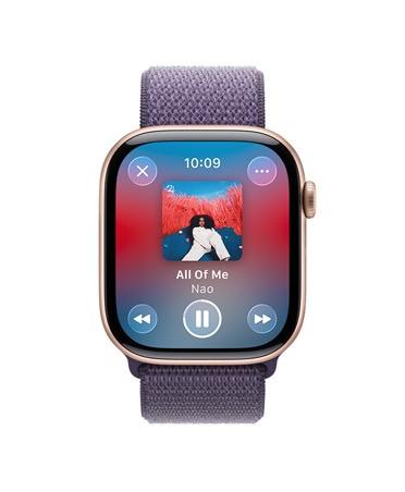 Apple Watch Series 11, rozéaranyszínű alumíniumtok, az Apple Music vezérlői, edzéshez hallgatott lejátszási lista, jobb oldali nézet, Digital Crown, szíj, ködös lila sportpánt