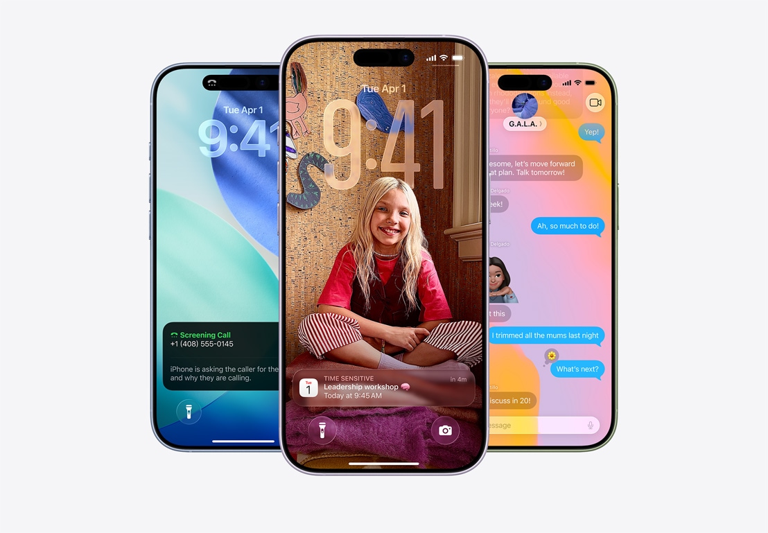 iPhone készülékek, az elsőn a hívásszűrési funkció felugró ablaka, a másodikon a Mail és az Üzenetek app Liquid Glass-megjelenésű értesítései, a harmadikon egy Liquid Glass-hátterű üzenetváltás az Üzenetek appban.