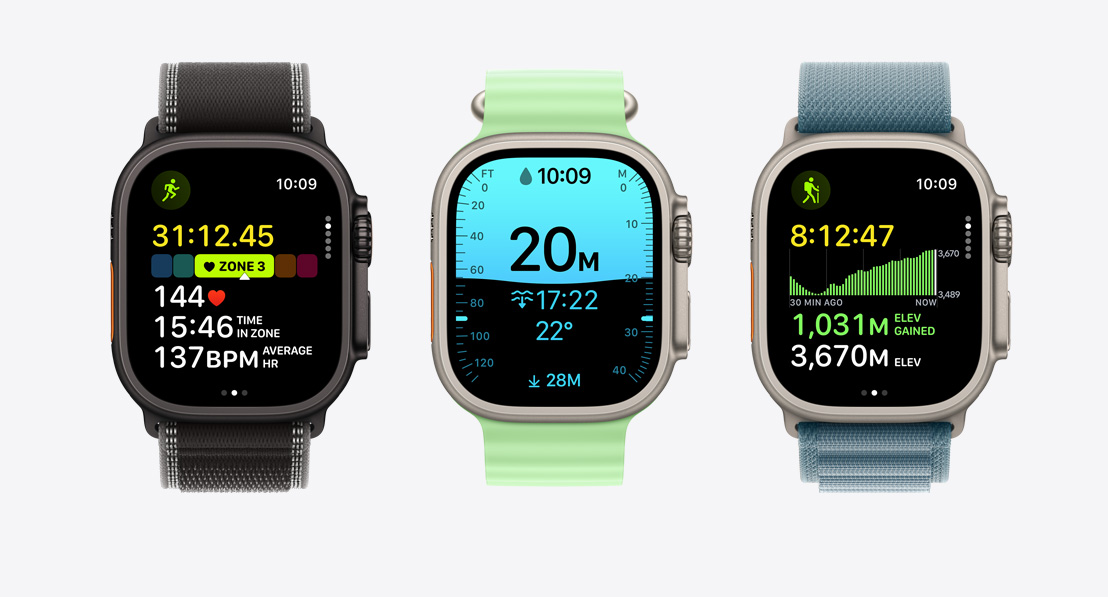 Apple Watch Ultra 3, képernyők az Edzés appból: futás, búvárkodás, kerékpározás